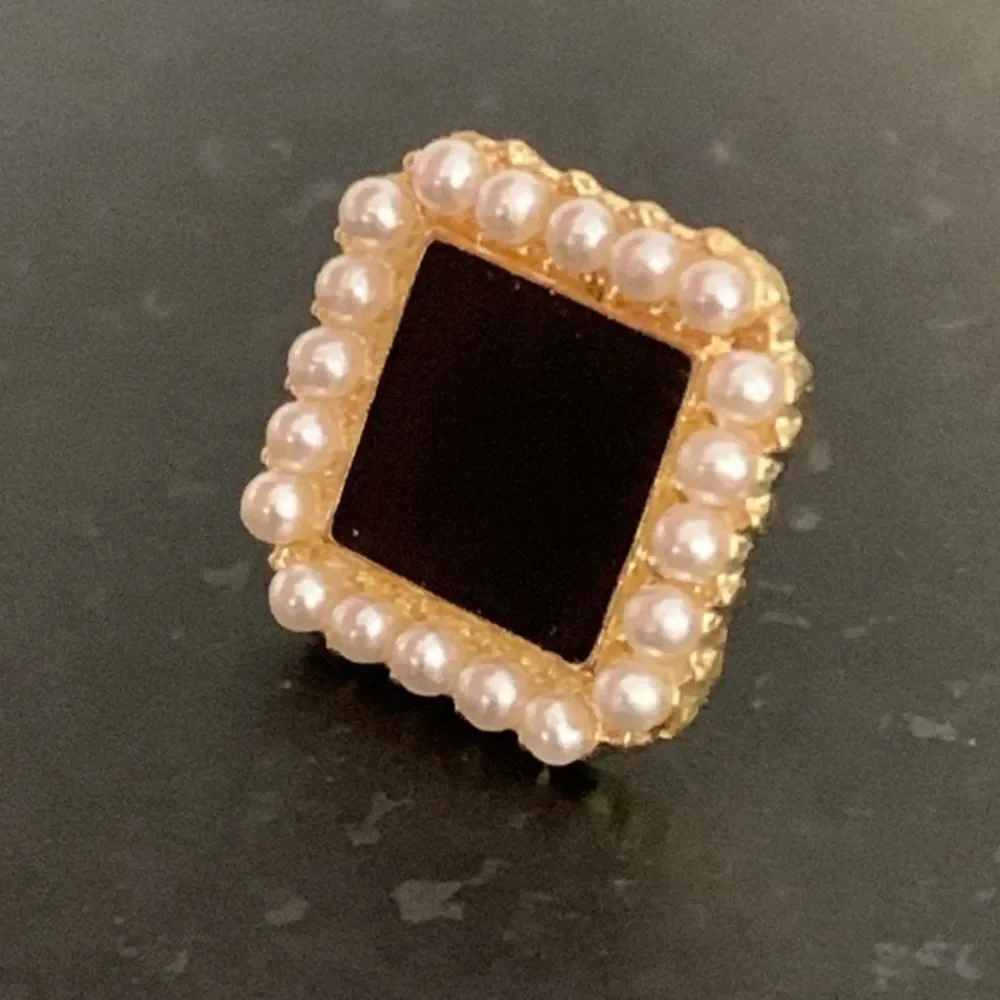 Onyx Black Square Studs with Faux Pearl Border